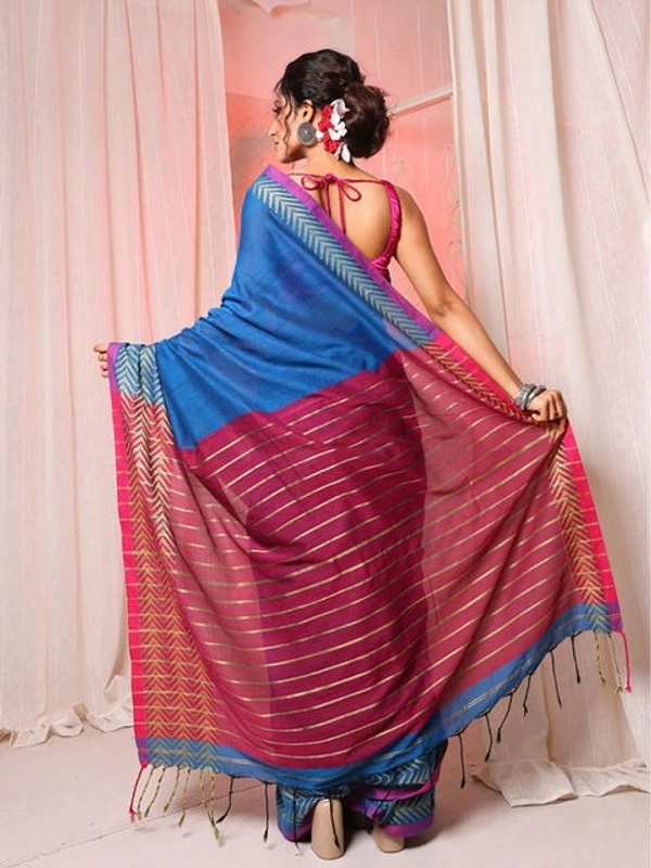 Handloom Silver Zigzag Border Saree - Blue