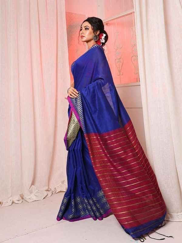 Handloom Silver Zigzag Border Saree - Royal Blue
