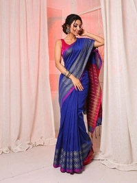 Handloom Silver Zigzag Border Saree - Royal Blue