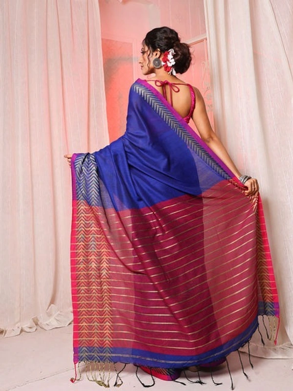 Handloom Silver Zigzag Border Saree - Royal Blue