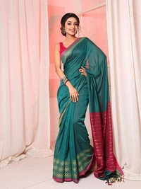 Handloom Silver Zigzag Border Saree - Sea Green