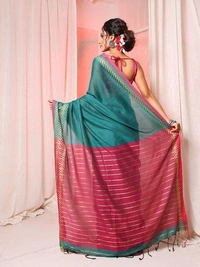 Handloom Silver Zigzag Border Saree - Sea Green