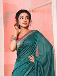 Handloom Silver Zigzag Border Saree - Sea Green