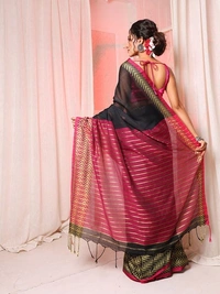 Handloom Silver Zigzag Border Saree - Black