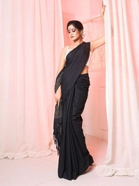 Handloom Solid Color Gichha Strips Pallu Saree - Black