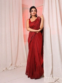 Handloom Solid Color Gichha Strips Pallu Saree - Red