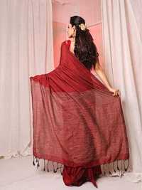 Handloom Solid Color Gichha Strips Pallu Saree - Red