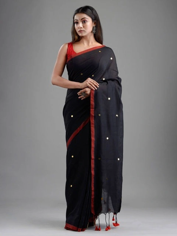 Handloom Gini Scquence Woven Cotton Saree - Black