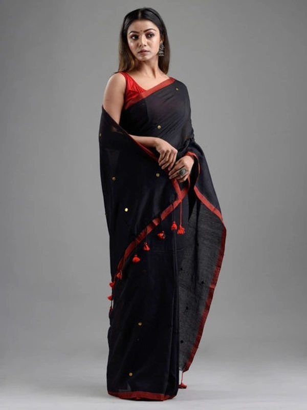 Handloom Gini Scquence Woven Cotton Saree - Black