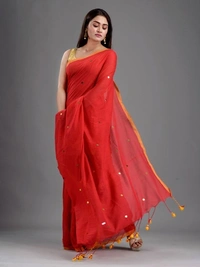 Handloom Gini Scquence Woven Cotton Saree - Red