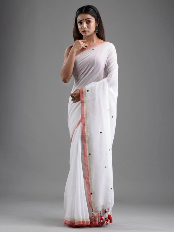 Handloom Gini Scquence Woven Cotton Saree - White