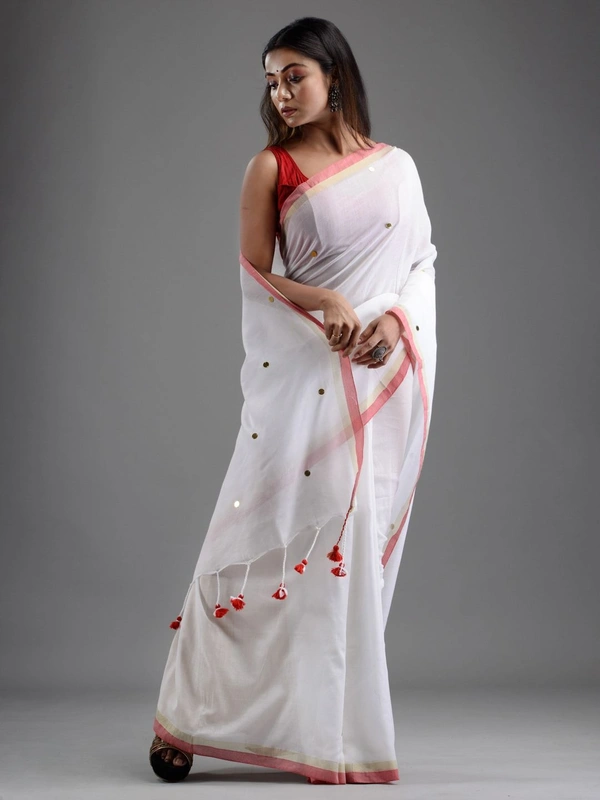 Handloom Gini Scquence Woven Cotton Saree - White