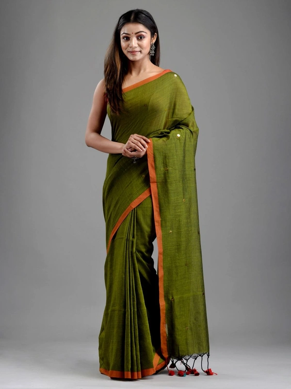 Handloom Gini Scquence Woven Cotton Saree - Olive