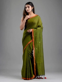 Handloom Gini Scquence Woven Cotton Saree - Olive