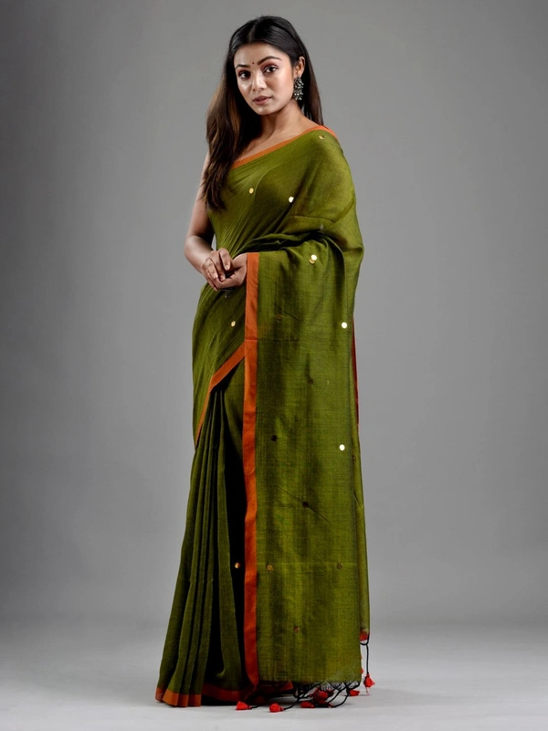 Handloom Gini Scquence Woven Cotton Saree - Olive