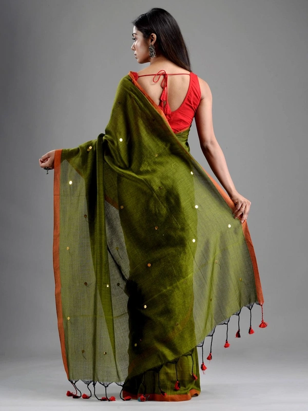 Handloom Gini Scquence Woven Cotton Saree - Olive