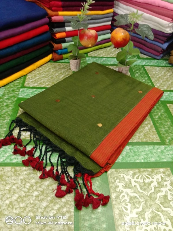 Handloom Gini Scquence Woven Cotton Saree - Olive