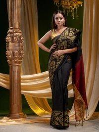 Handloom Jamdani Woven Cotton Zari Pallu Saree - Black, Cotton