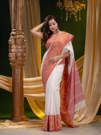 Handloom Jamdani Woven Cotton Zari Pallu Saree - White, Cotton