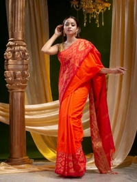 Handloom Jamdani Woven Cotton Zari Pallu Saree - Blaze Orange, Cotton