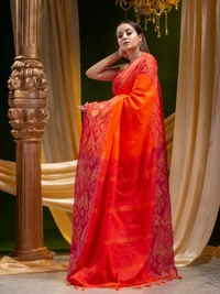 Handloom Jamdani Woven Cotton Zari Pallu Saree - Blaze Orange, Cotton