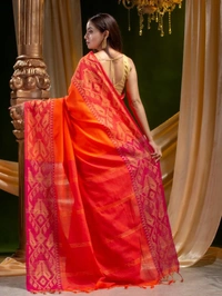 Handloom Jamdani Woven Cotton Zari Pallu Saree - Blaze Orange, Cotton