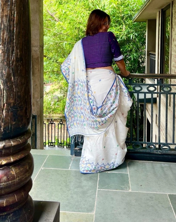 Handloom Jamdani Woven Cotton Saree - White, Cotton
