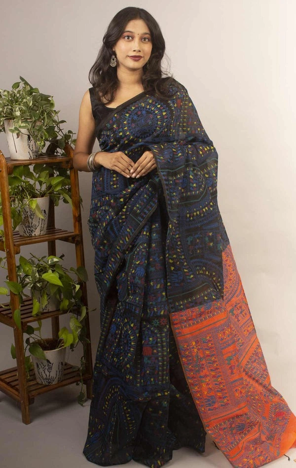 Handloom Madhubani Printed Saree - Black & Multi