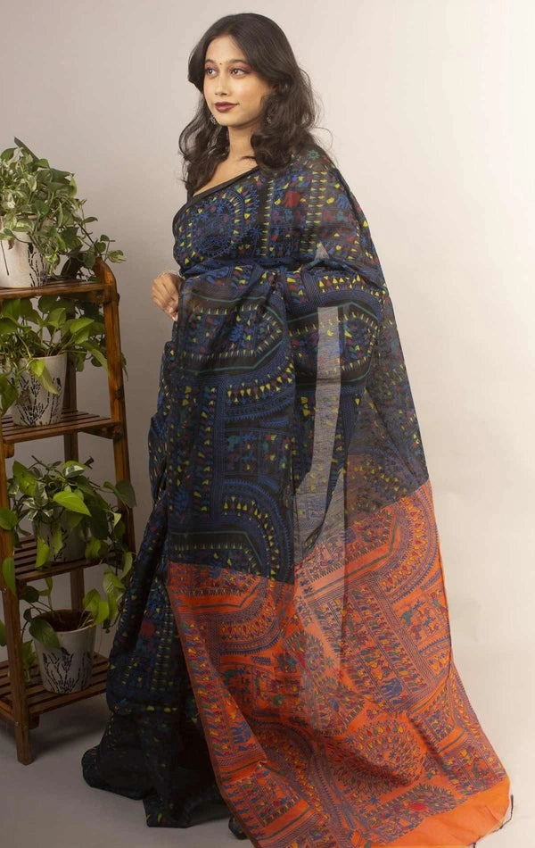 Handloom Madhubani Printed Saree - Black & Multi
