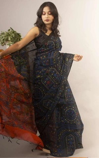 Handloom Madhubani Printed Saree - Black & Multi
