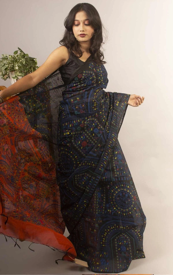 Handloom Madhubani Printed Saree - Black & Multi