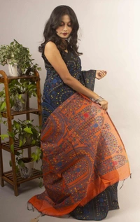 Handloom Madhubani Printed Saree - Black & Multi