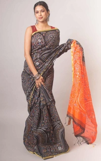 Handloom Madhubani Printed Saree - Black & Orange