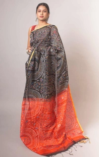 Handloom Madhubani Printed Saree - Black & Orange