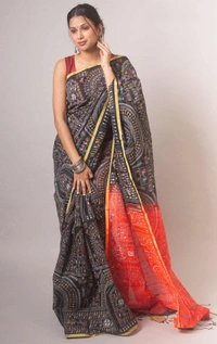 Handloom Madhubani Printed Saree - Black & Orange
