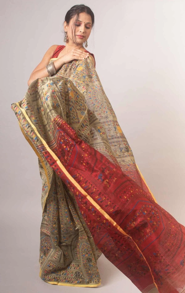 Handloom Madhubani Printed Saree - Beige & Maroon