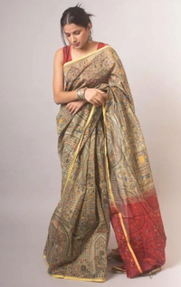 Handloom Madhubani Printed Saree - Beige & Maroon