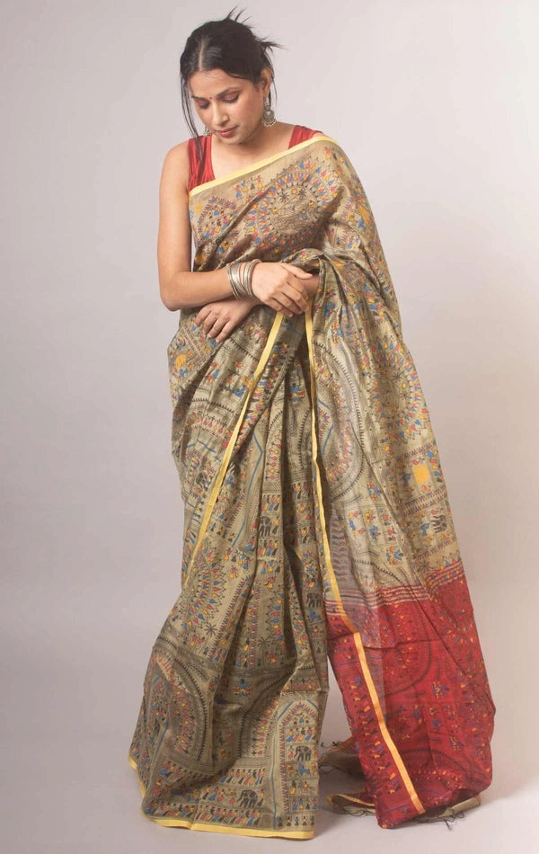 Handloom Madhubani Printed Saree - Beige & Maroon