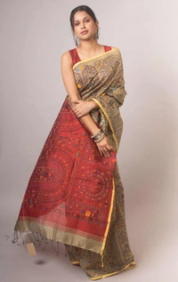 Handloom Madhubani Printed Saree - Beige & Maroon