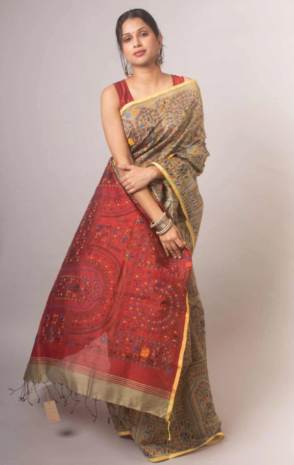 Handloom Madhubani Printed Saree - Beige & Maroon