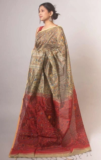 Handloom Madhubani Printed Saree - Beige & Maroon