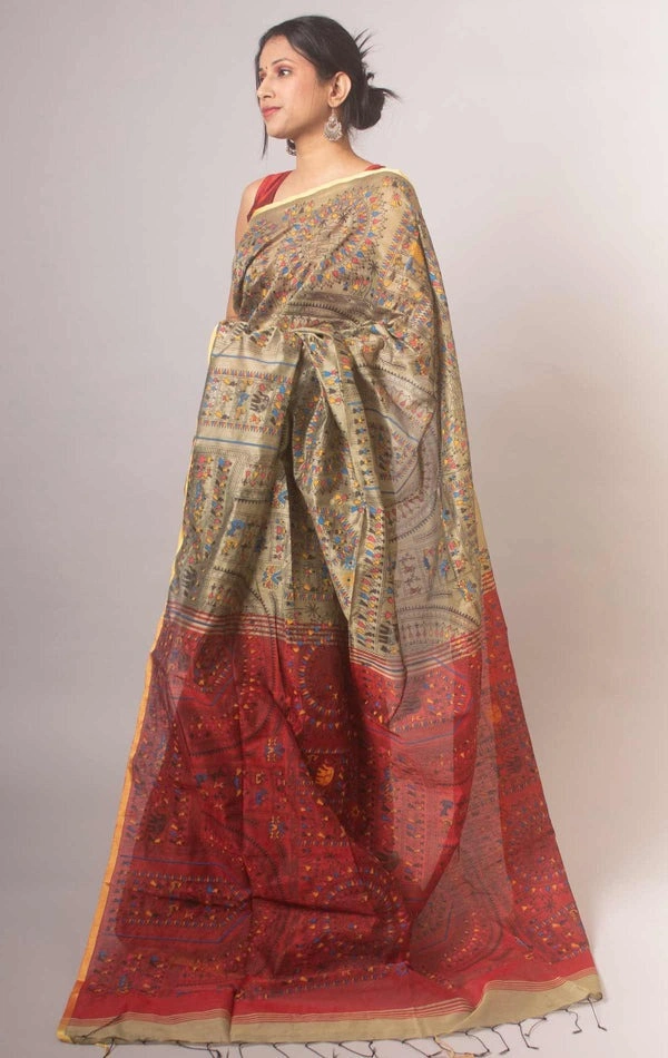 Handloom Madhubani Printed Saree - Beige & Maroon