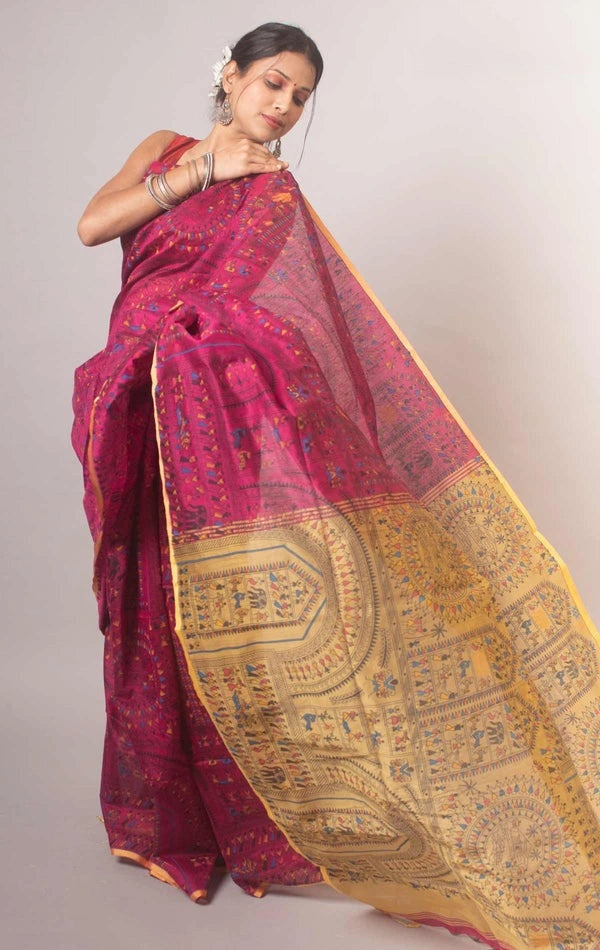 Handloom Madhubani Printed Saree - Maroon & Beige