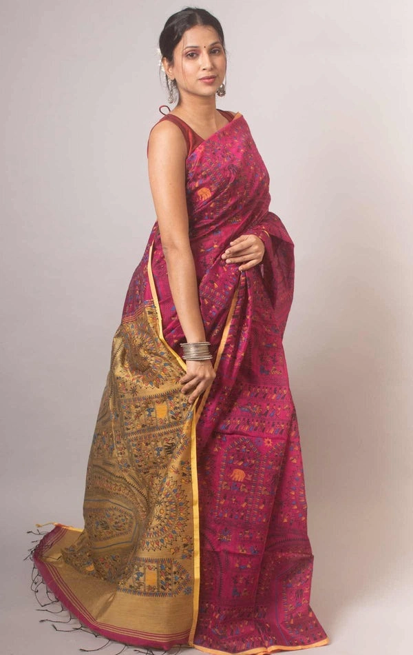 Handloom Madhubani Printed Saree - Maroon & Beige