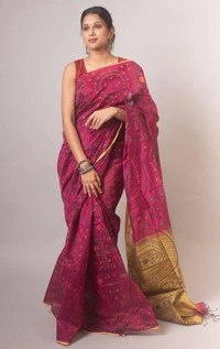 Handloom Madhubani Printed Saree - Maroon & Beige
