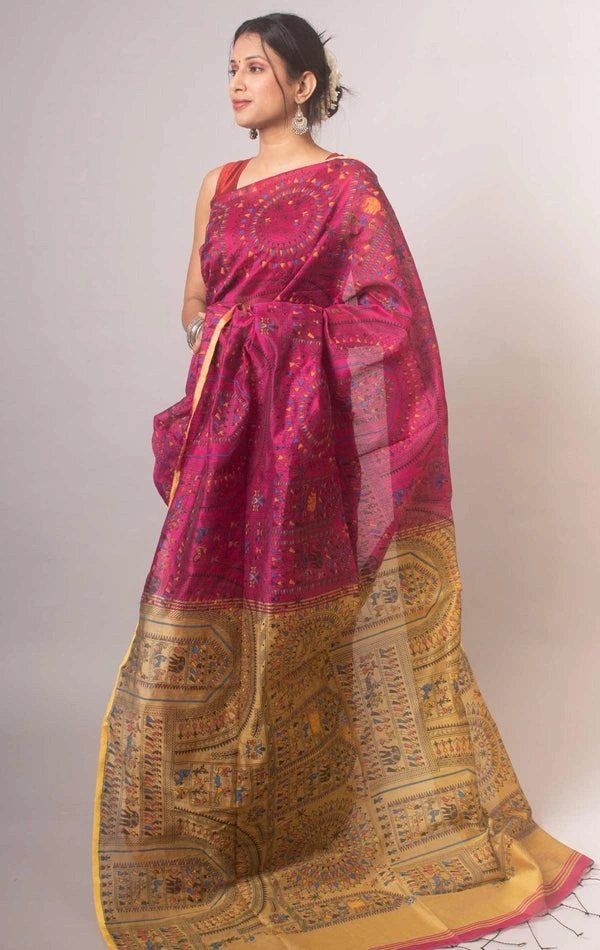 Handloom Madhubani Printed Saree - Maroon & Beige