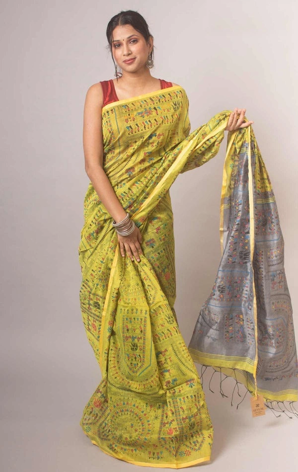 Handloom Madhubani Printed Saree - Gold & Silver