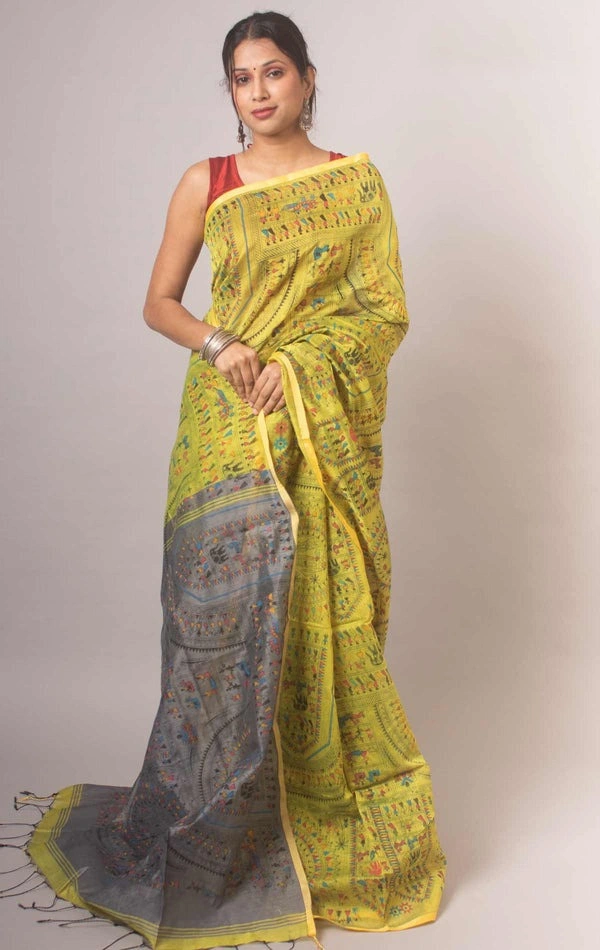 Handloom Madhubani Printed Saree - Gold & Silver