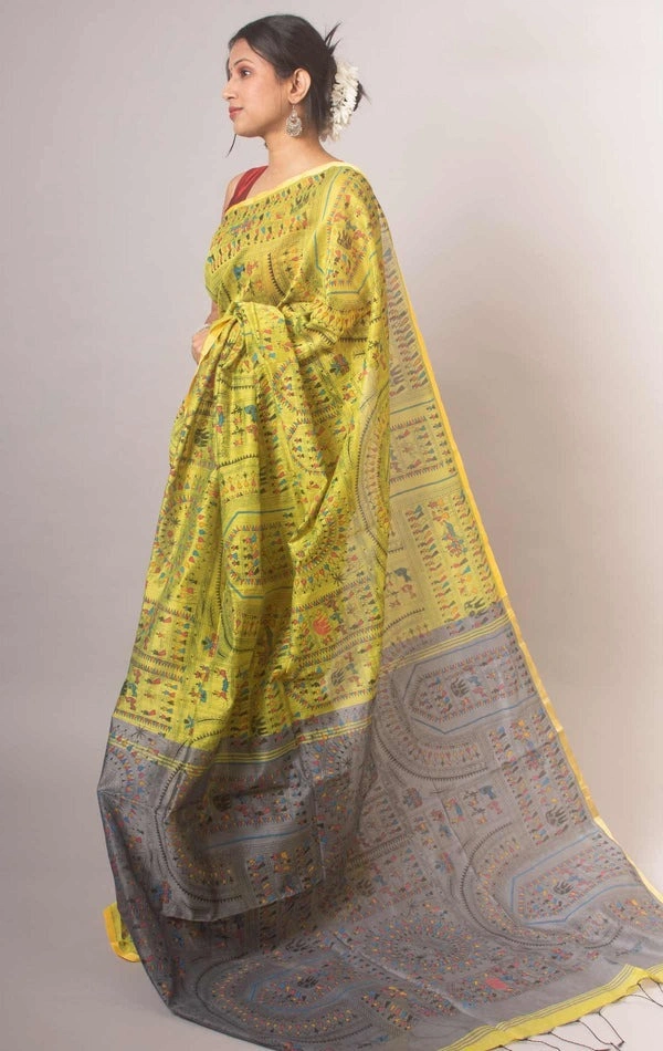 Handloom Madhubani Printed Saree - Gold & Silver