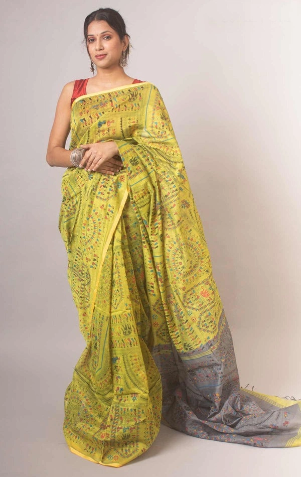 Handloom Madhubani Printed Saree - Gold & Silver